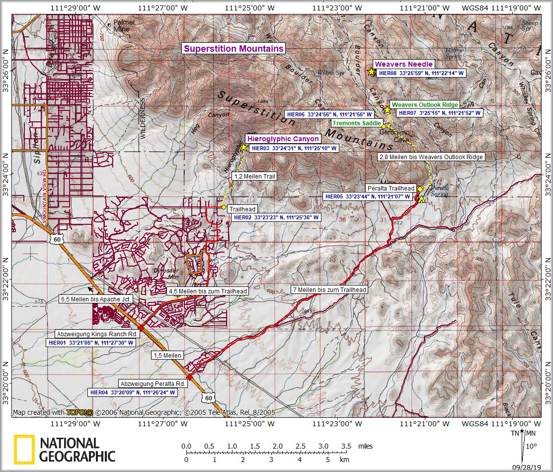 Karte Hieroglyphic Canyon und Peralta Trail