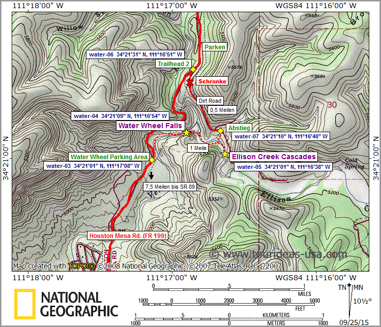 Karte Water Wheel Falls und Ellison Creek Cascades