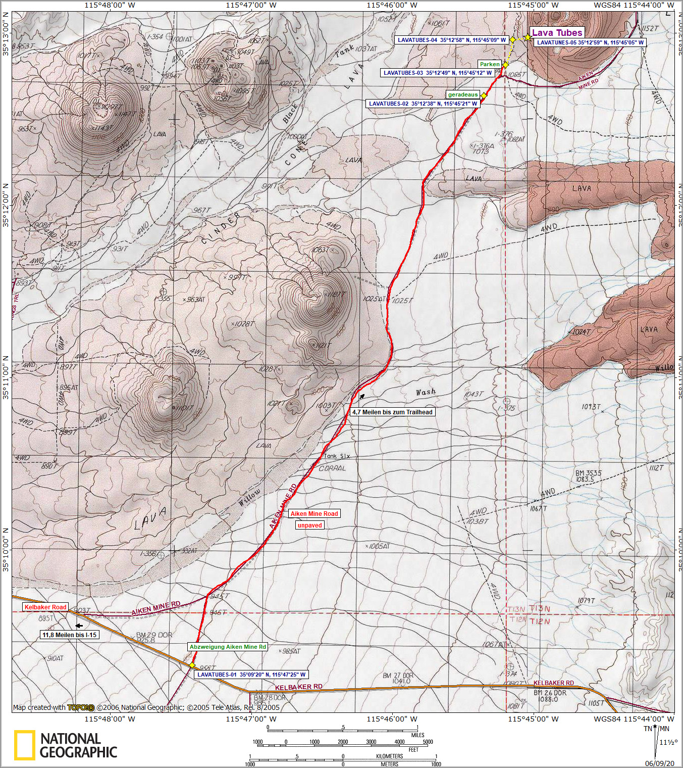 Karte Mojave Desert Lava Tubes