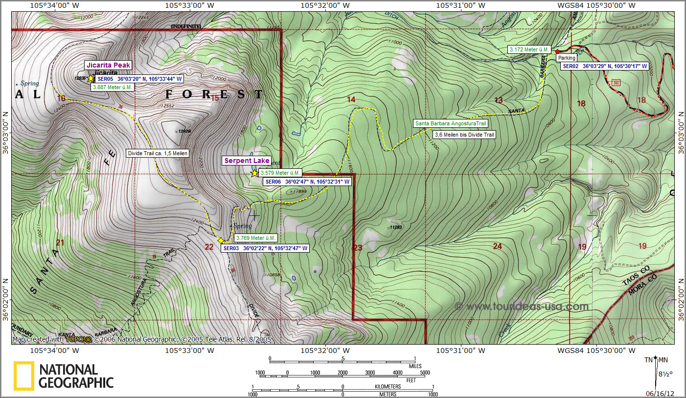 Karte Serpent Lake und Jicarita Peak